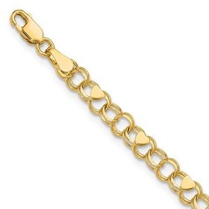 Real 10K Yellow Gold Womens Heart Charm Double Link Charm Bracelet 4 mm 7 inch